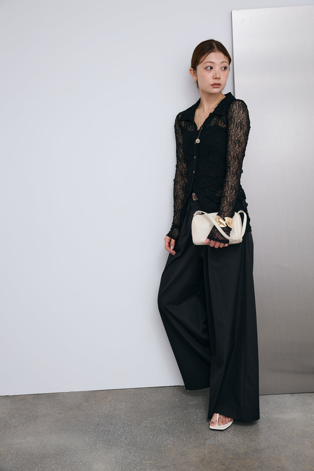 [予約/SET]シアーレース襟付きカーデ+ハイウエストタックワイドパンツ(2set)