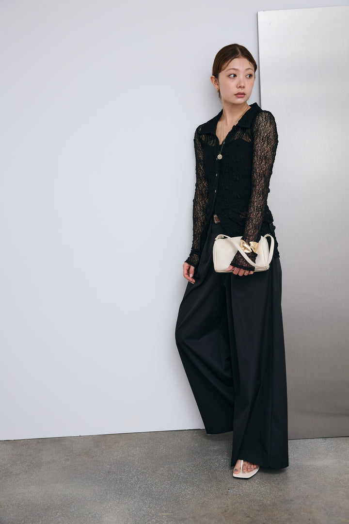 [予約/SET]シアーレース襟付きカーデ+ハイウエストタックワイドパンツ(2set)