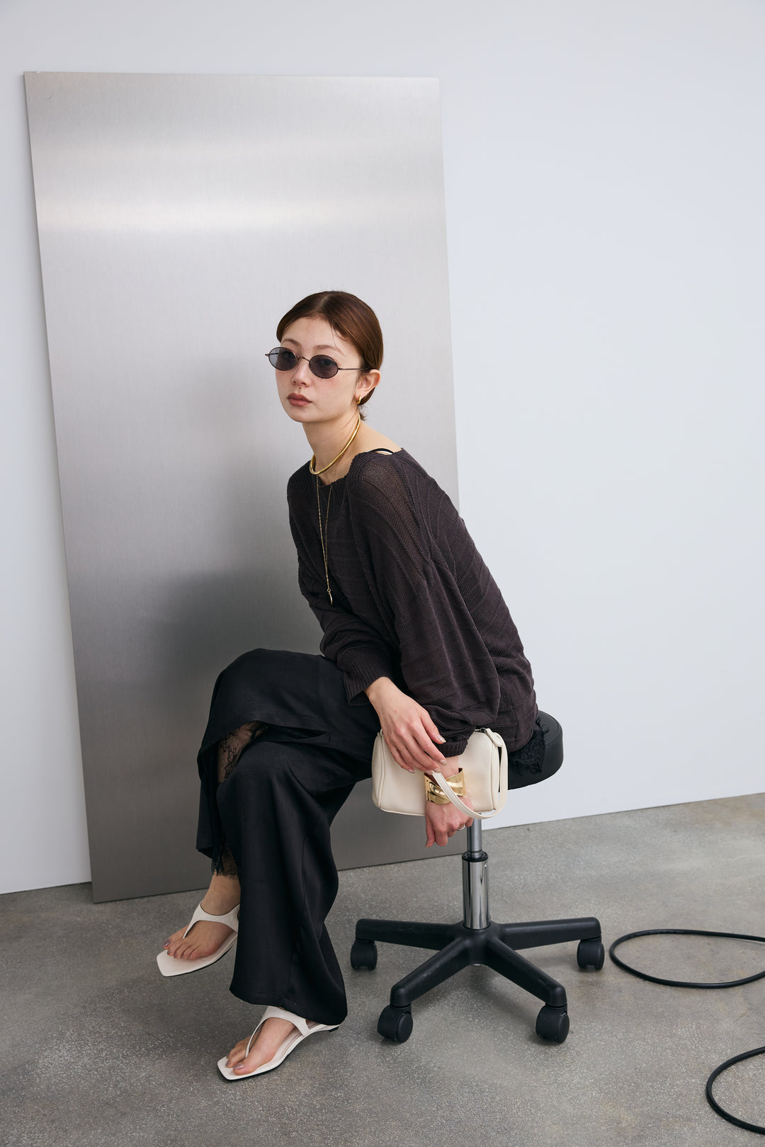 [予約/SET]ボートネックテクスチャーボーダーサマーニット+レーストリムキャミ+スリットレースサテンパンツ(3set)