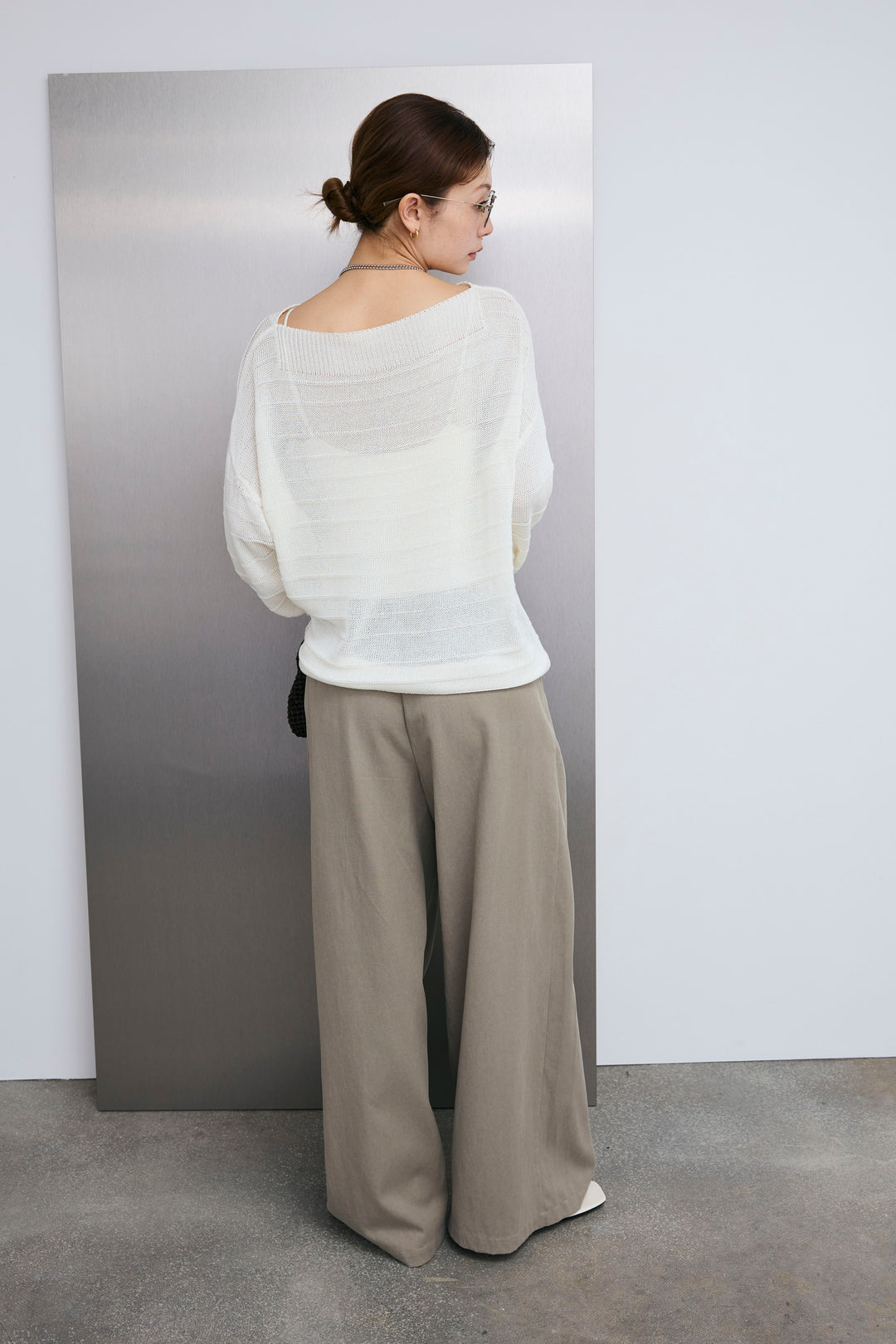 [予約/SET]ボートネックテクスチャーボーダーサマーニット+サイドベルトタックパンツ(2set)