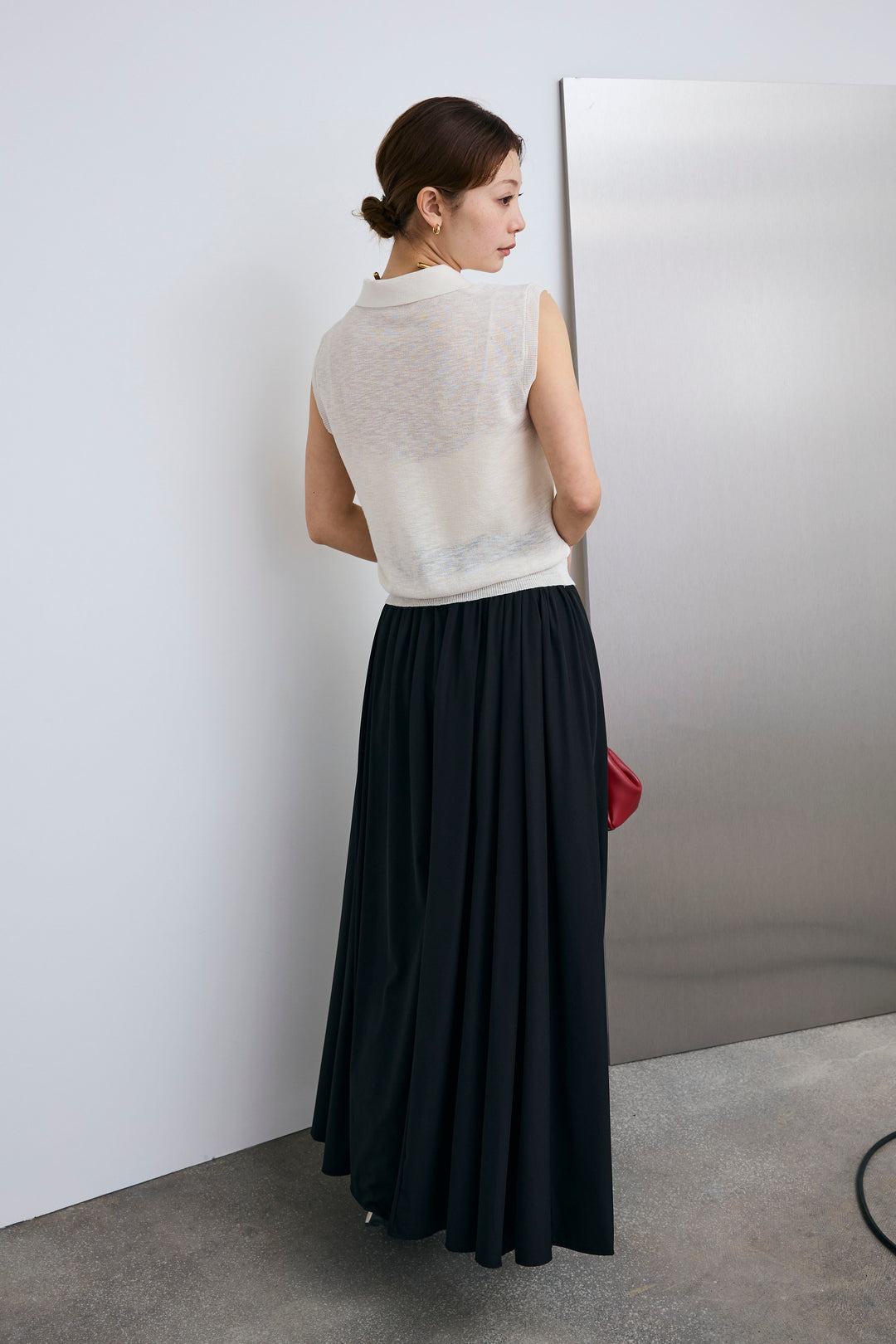 [予約/SET]ノースリーブポロニット+フルギャザーマキシスカート(2set)