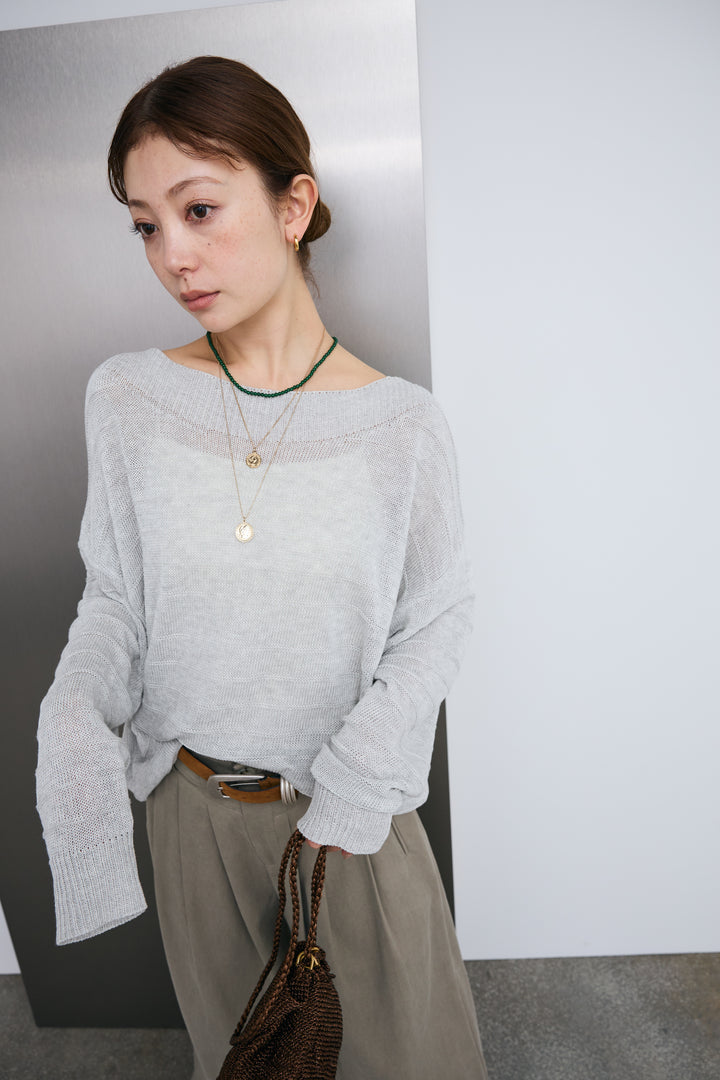 [予約/SET]ボートネックテクスチャーボーダーサマーニット+サイドベルトタックパンツ(2set)