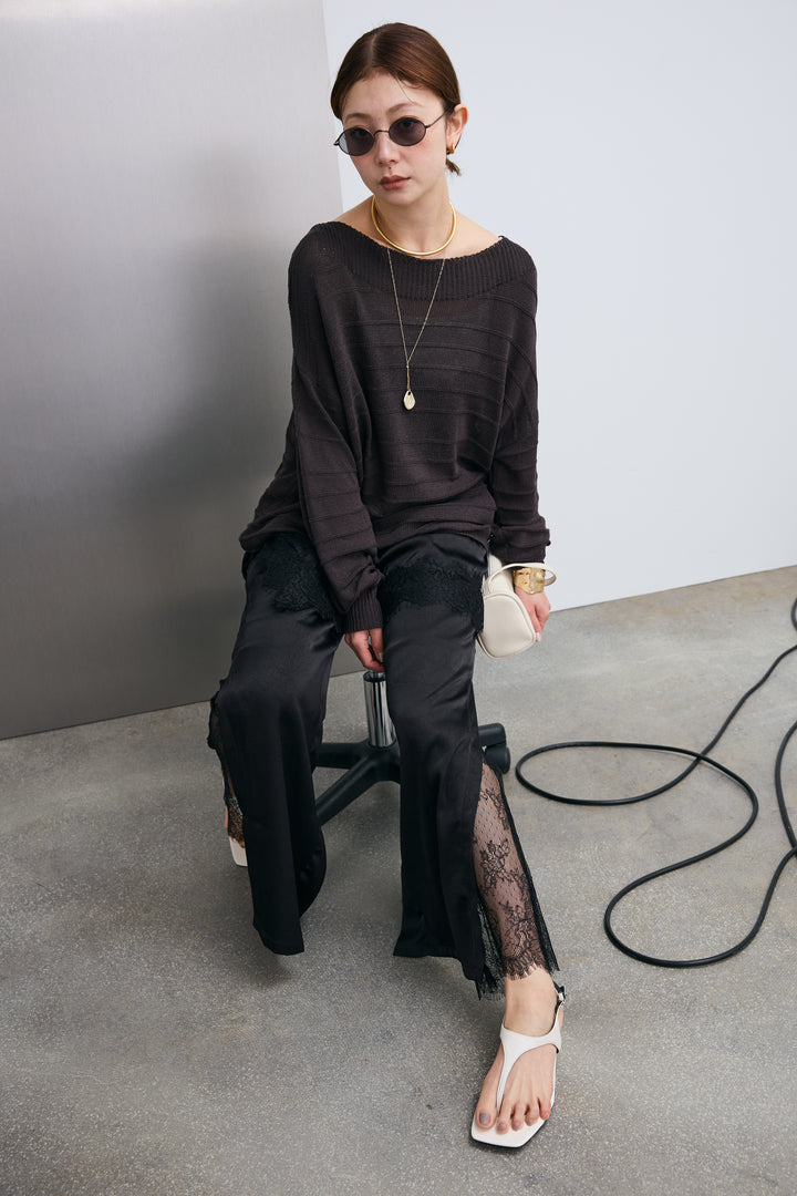 [予約/SET]ボートネックテクスチャーボーダーサマーニット+レーストリムキャミ+スリットレースサテンパンツ(3set)