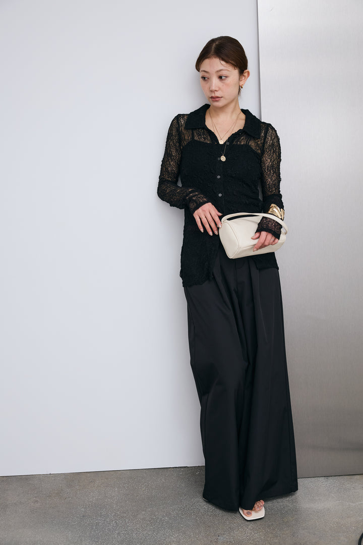 [予約/SET]シアーレース襟付きカーデ+ハイウエストタックワイドパンツ(2set)