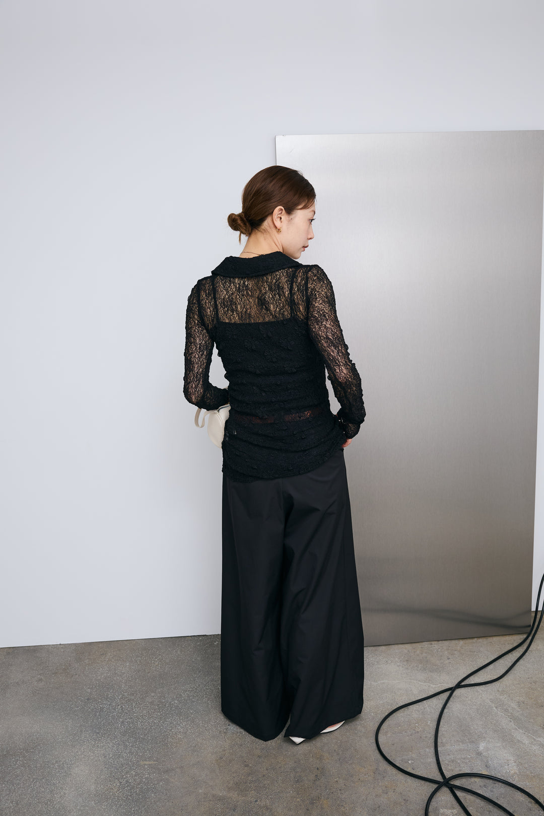 [予約/SET]シアーレース襟付きカーデ+ハイウエストタックワイドパンツ(2set)