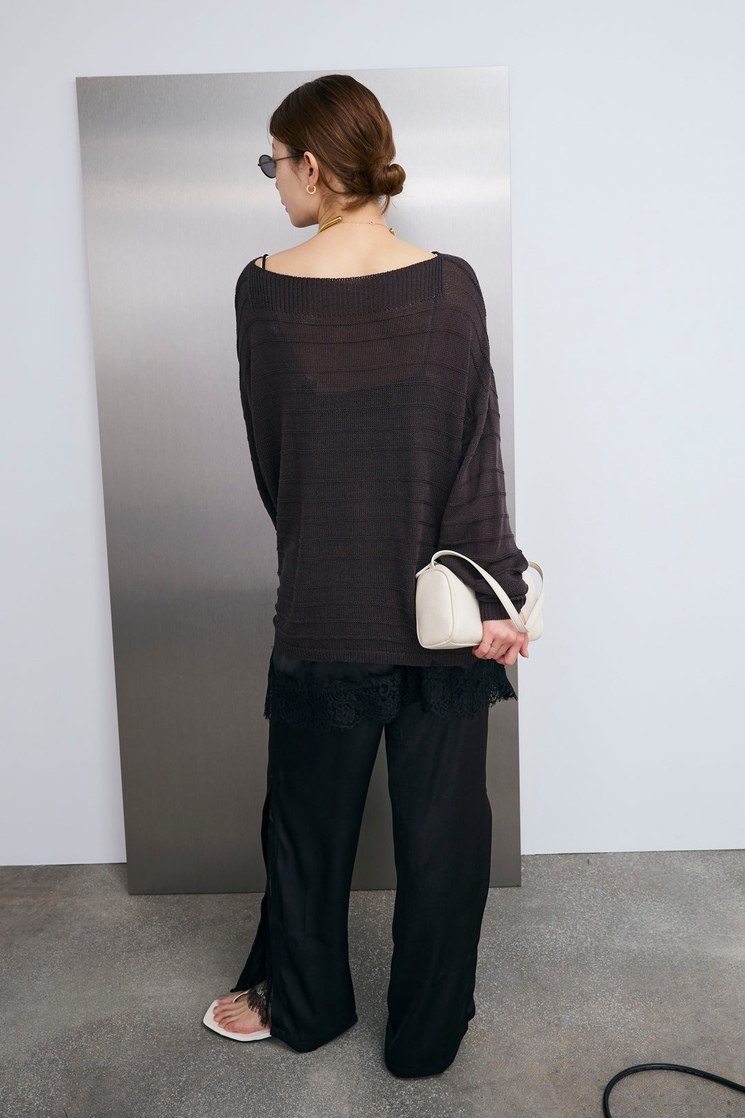 [予約/SET]ボートネックテクスチャーボーダーサマーニット+スリットレースサテンパンツ(2set)