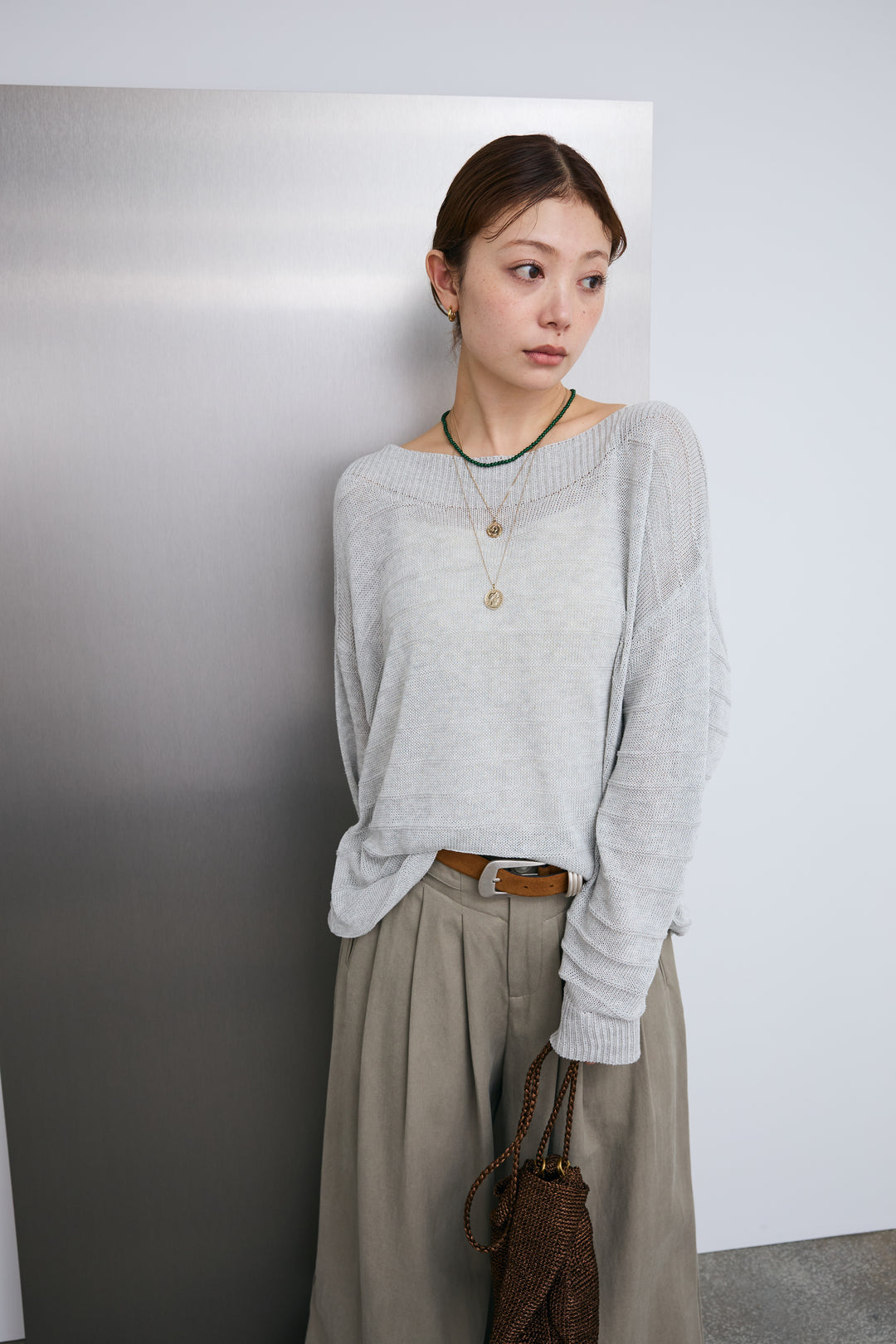 [予約/SET]ボートネックテクスチャーボーダーサマーニット+サイドベルトタックパンツ(2set)