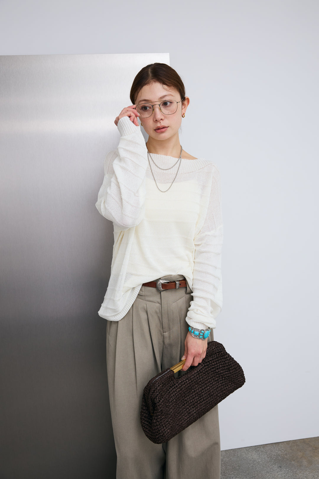 [予約/SET]ボートネックテクスチャーボーダーサマーニット+サイドベルトタックパンツ(2set)