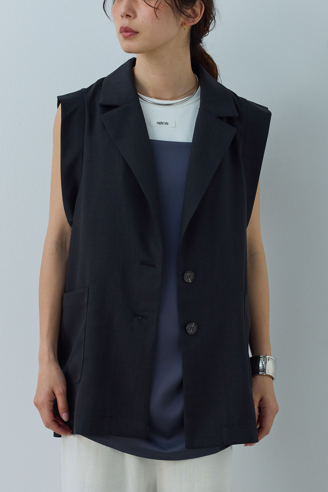 [予約/SET]リネンタッチテーラードジレ+サイドラインサテンパンツ(2set)