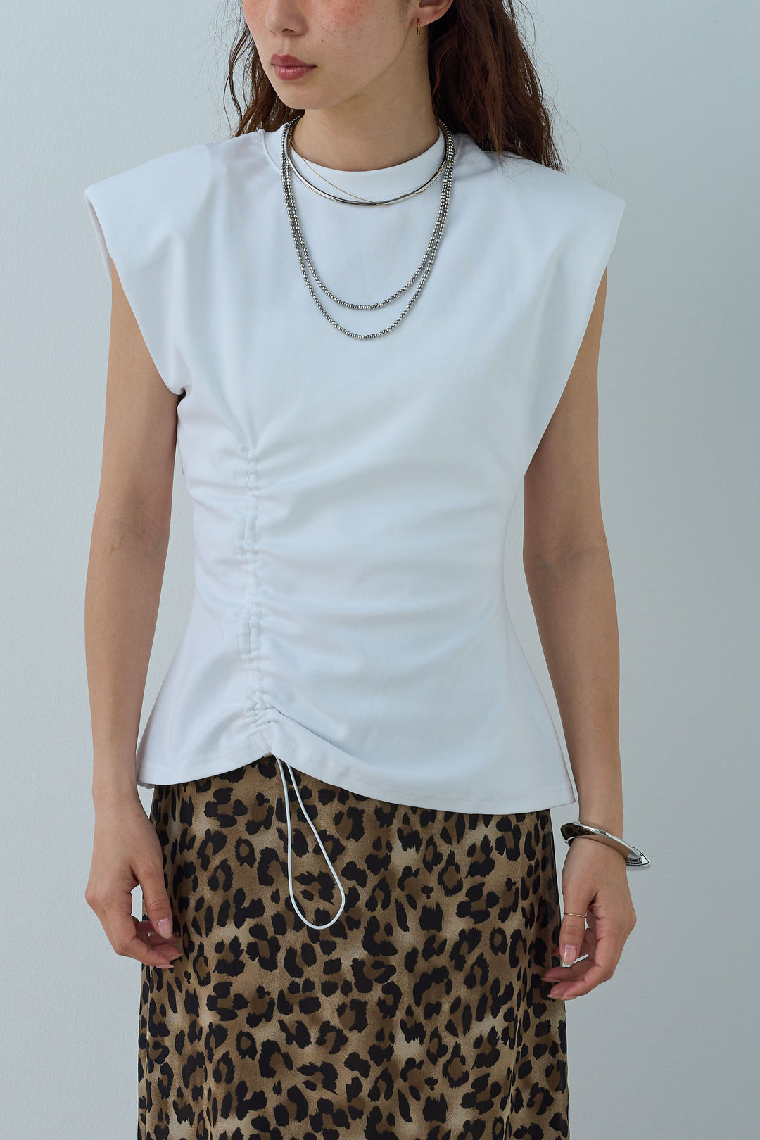 [予約/SET]コード付きノースリT+レオパードシアースカート(2set)