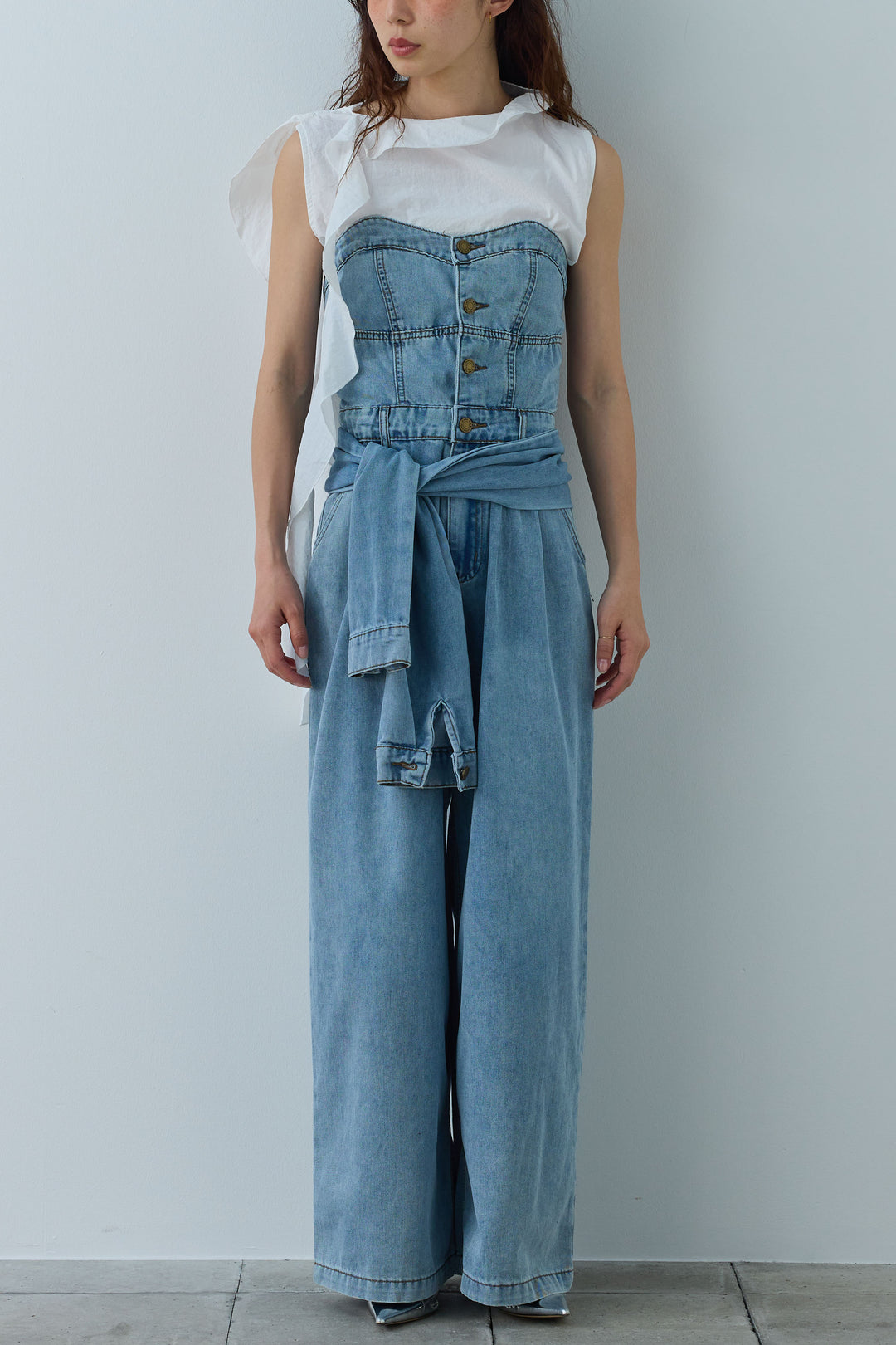 [予約/SET]アシメフリルタイブラウス+2WAYデニムベアサロペット(2set)