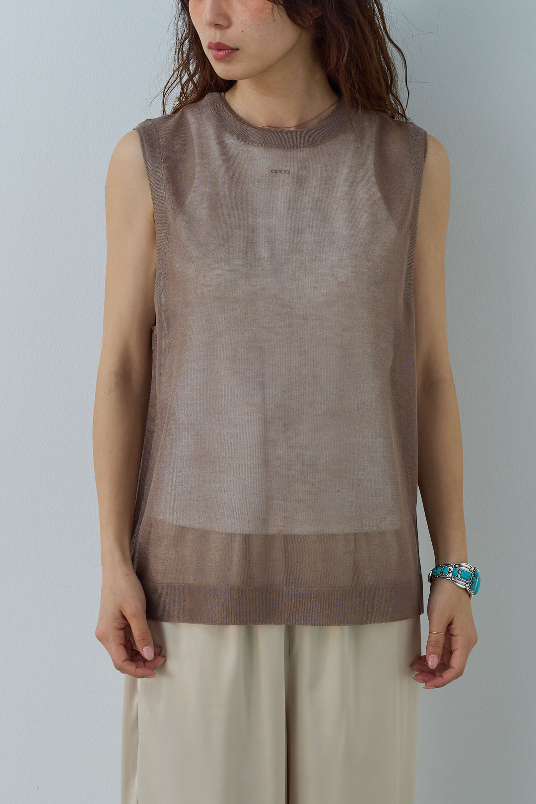 [予約/SET]シアーノースリーブニット+サイドラインサテンパンツ(2set)