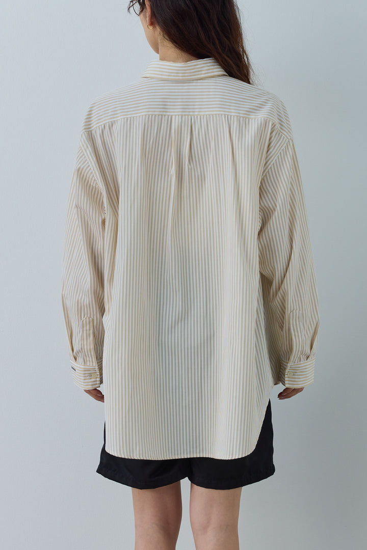 [予約/SET]刺繍入りストライプオーバーサイズシャツ+サテンナロースカート(2set)