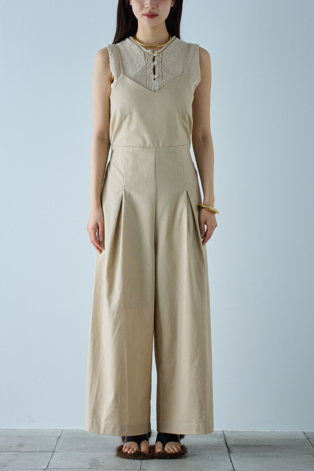 [予約/SET]フロントボタンPO+リネンミックスキャミサロペット(2set)