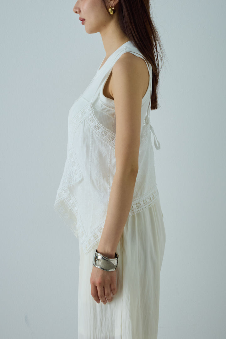 [予約/SET]デザインポケットベスト+トーションレースコットンキャミ+リブ切り替えタンクトップ+かすれシアーイージーパンツ(4set)