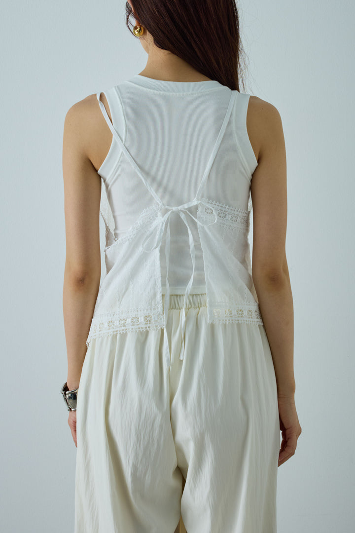 [予約/SET]デザインポケットベスト+トーションレースコットンキャミ+リブ切り替えタンクトップ+かすれシアーイージーパンツ(4set)