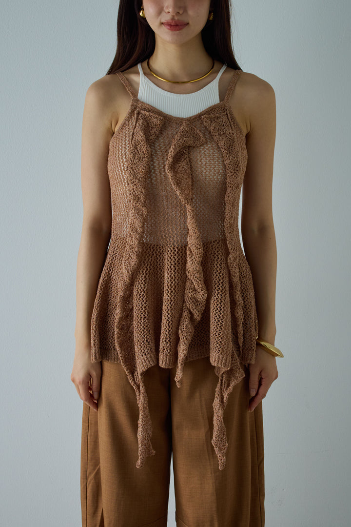 [予約/SET]メッシュフリルニットキャミ+カーブパンツ(2set)