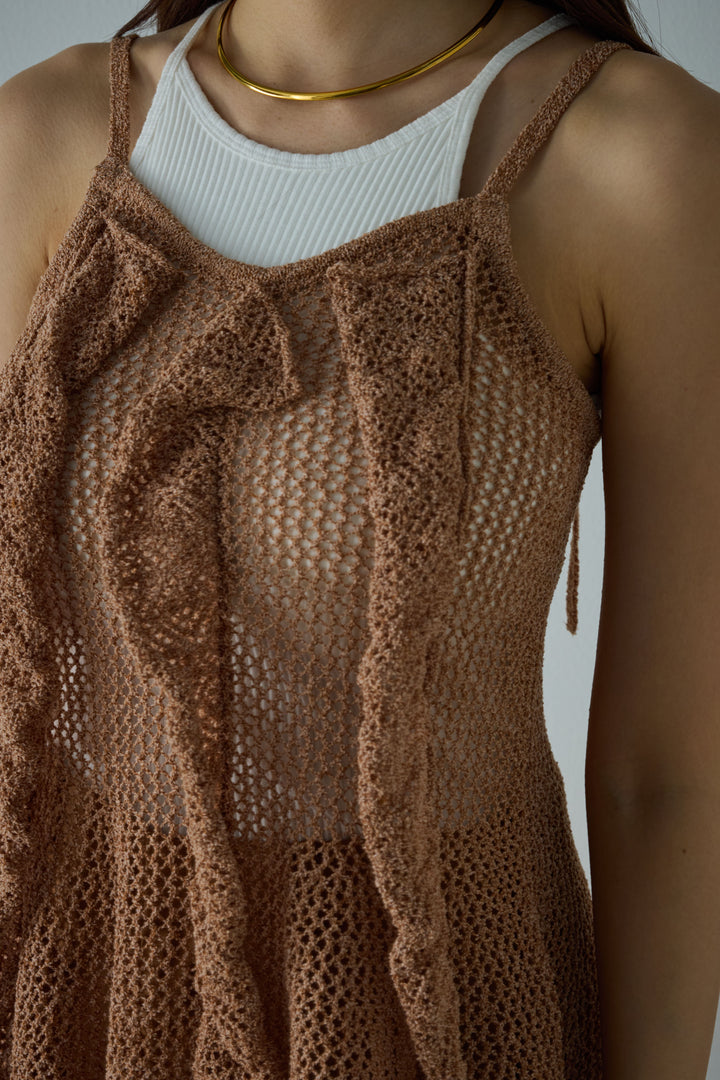 [予約/SET]メッシュフリルニットキャミ+カーブパンツ(2set)