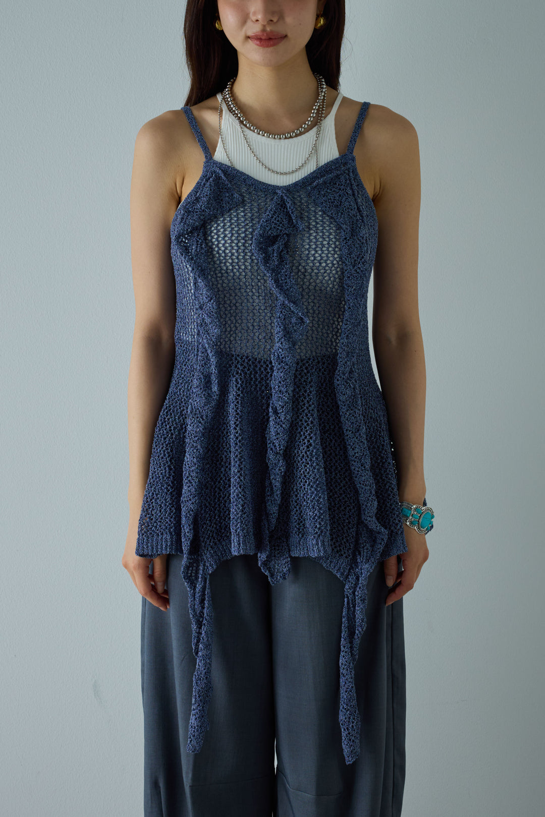 [予約]メッシュフリルニットキャミ