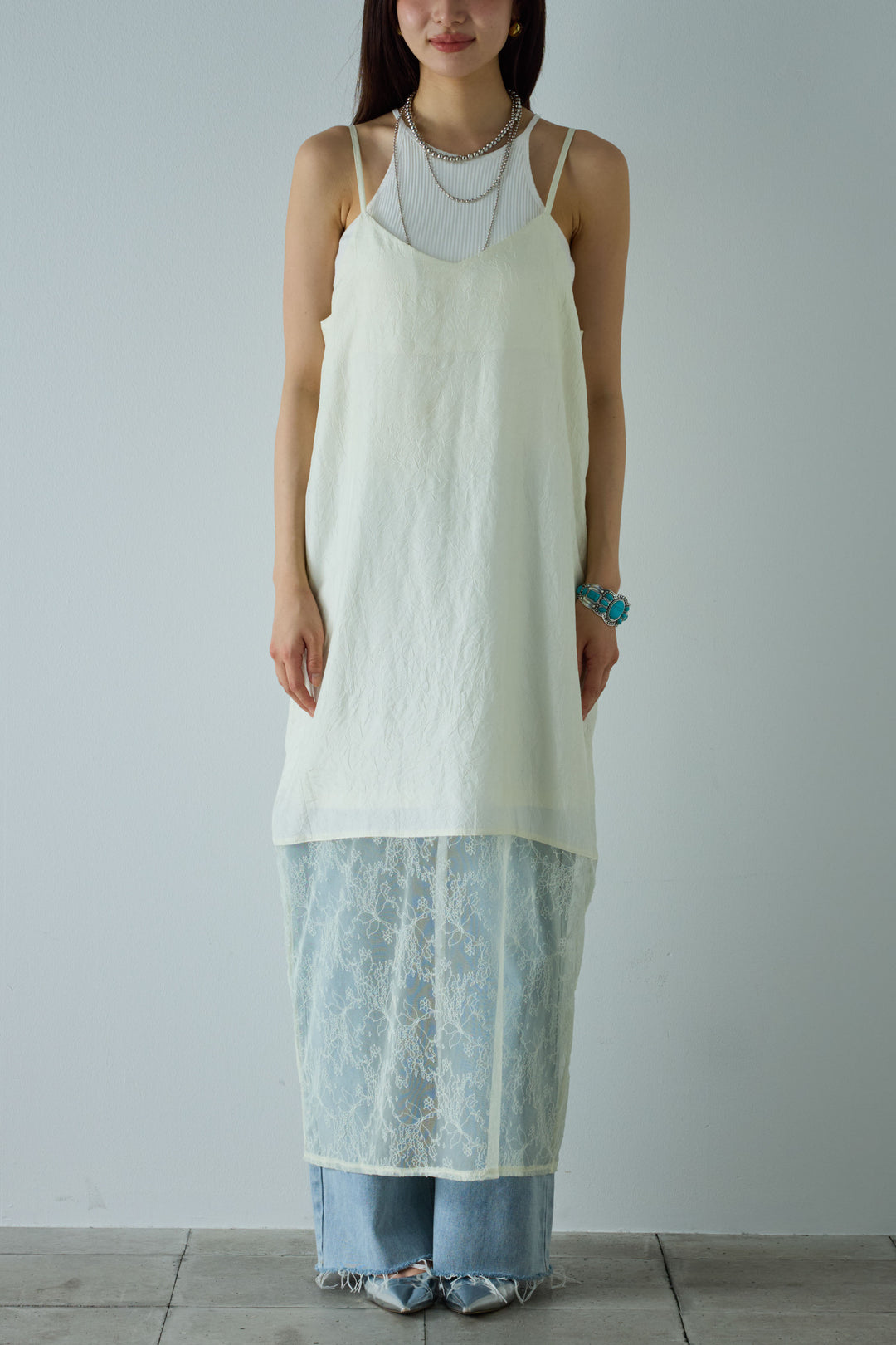 [予約/SET]スカーフ風バックリボンキャミソール+レース切り替えOP(2set)