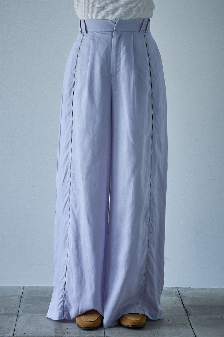 [予約]リネン混サイドライン刺繍ワイドパンツ