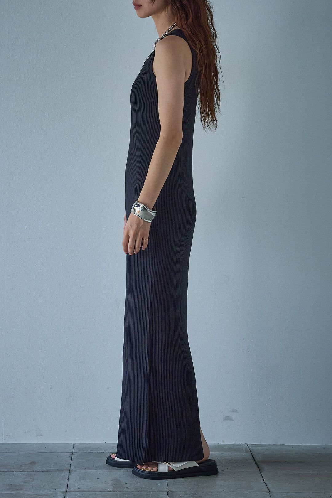 [予約]パッド付きスクエアネックリブニットワンピース