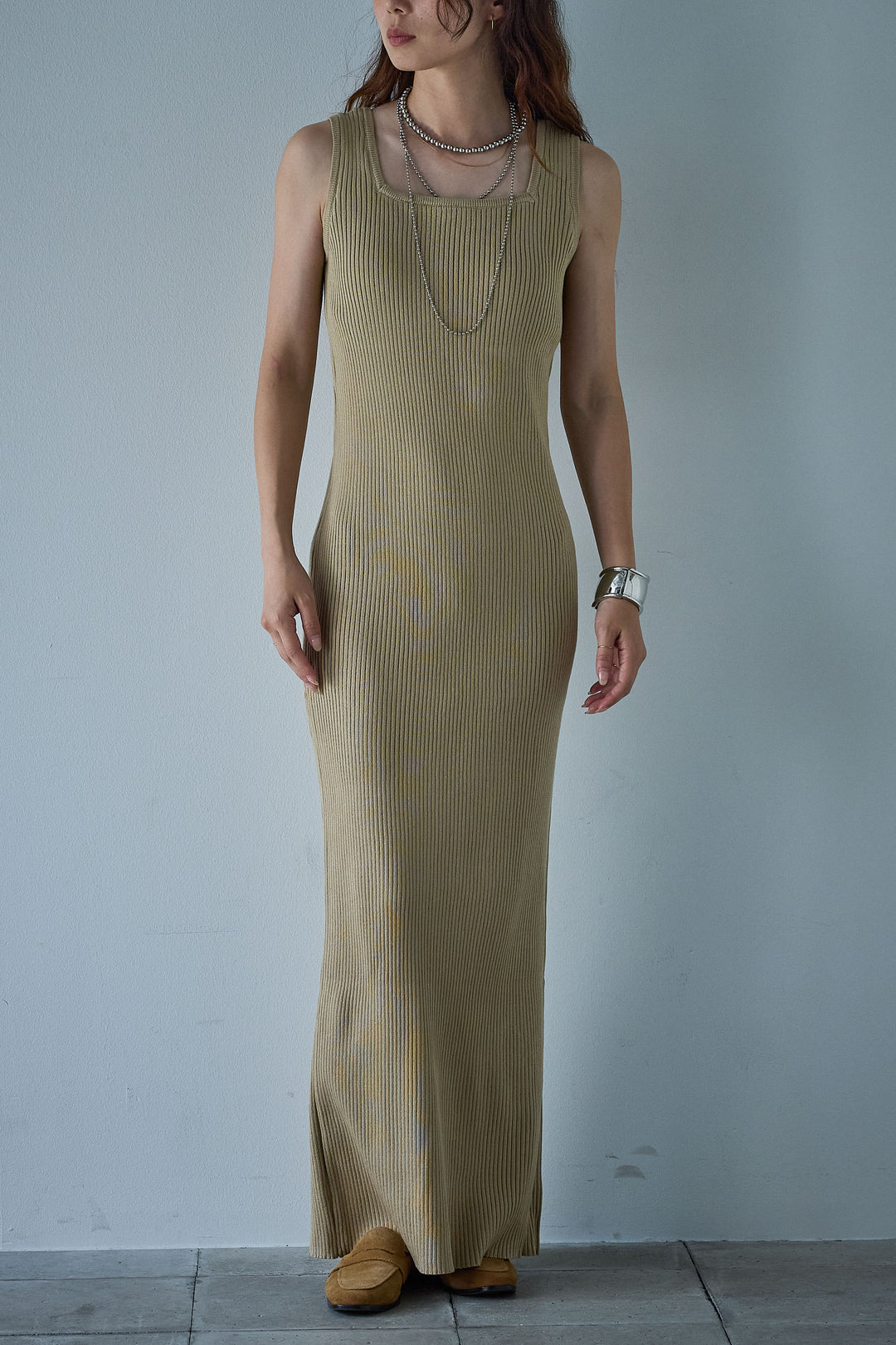 [予約]パッド付きスクエアネックリブニットワンピース