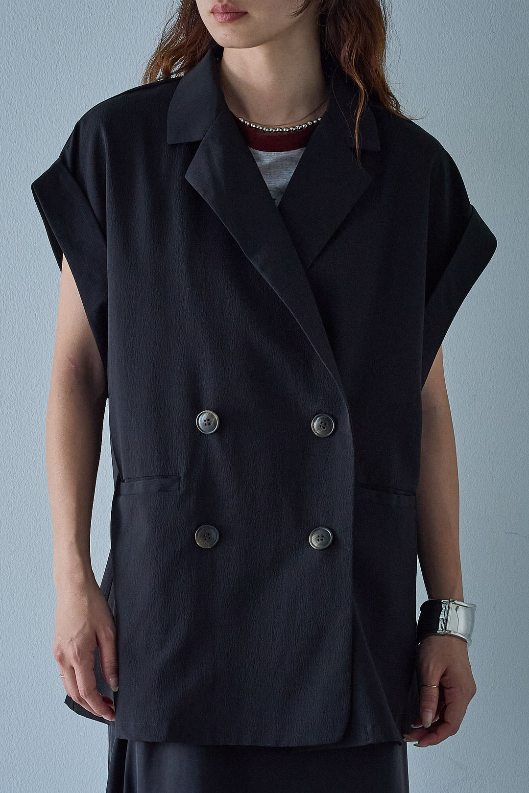 [予約/SET]クレープノースリーブダブルジレ+シアーリンガーロゴT+裏毛ワイドパンツ(3set)