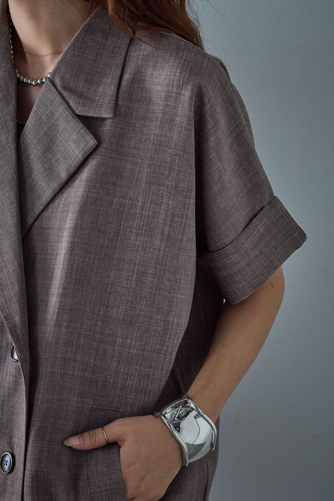 [予約/SET]サマースラブツイードハーフスリーブテーラードジャケット+サマースラブツイードタック入りワイドパンツ(2set)