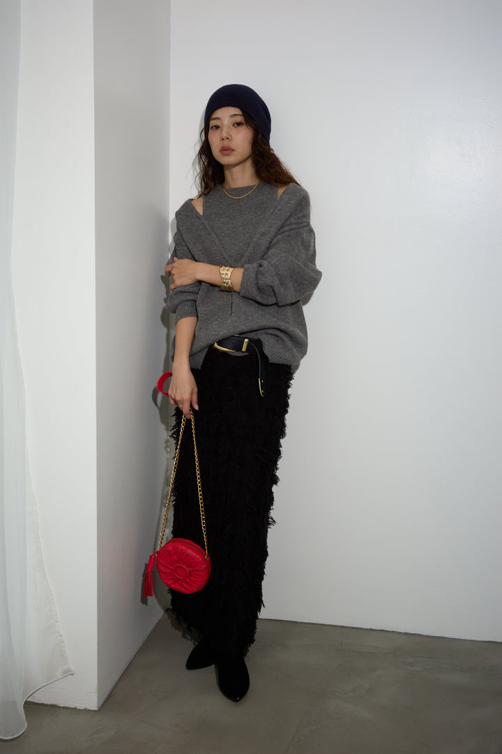 [予約/SET]肩スリットニット+カットフリンジニットタイトスカート(2set)