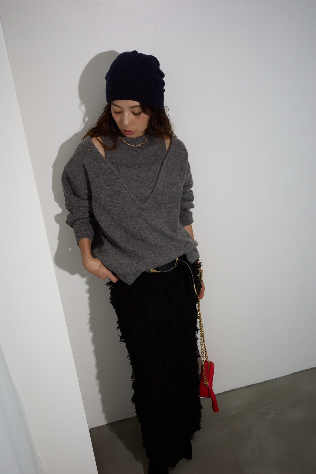 [予約/SET]肩スリットニット+カットフリンジニットタイトスカート(2set)