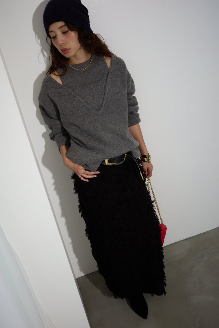 [予約/SET]肩スリットニット+カットフリンジニットタイトスカート(2set)