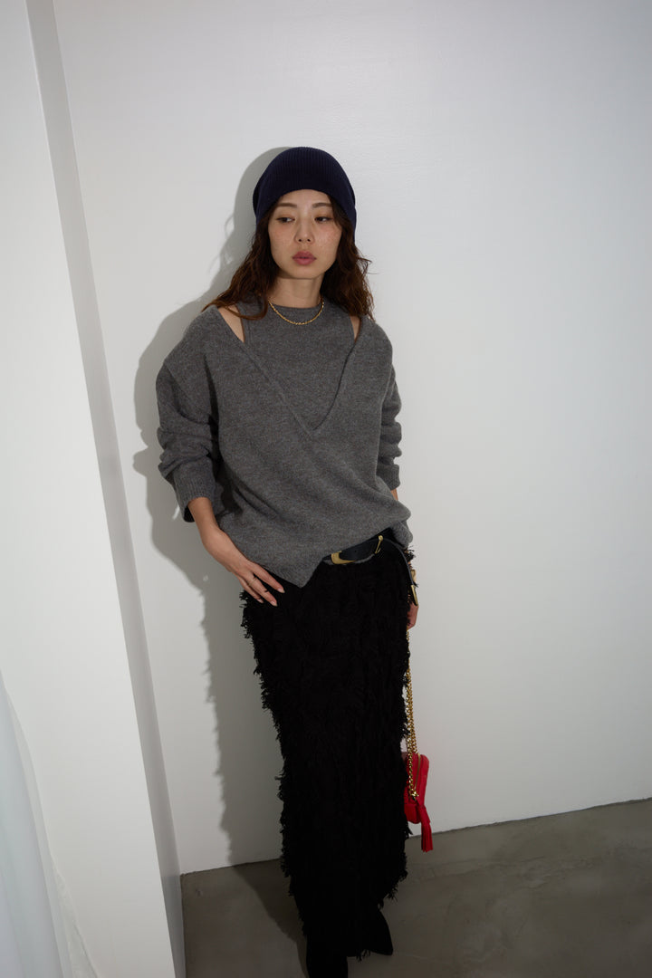 [予約/SET]肩スリットニット+カットフリンジニットタイトスカート(2set)