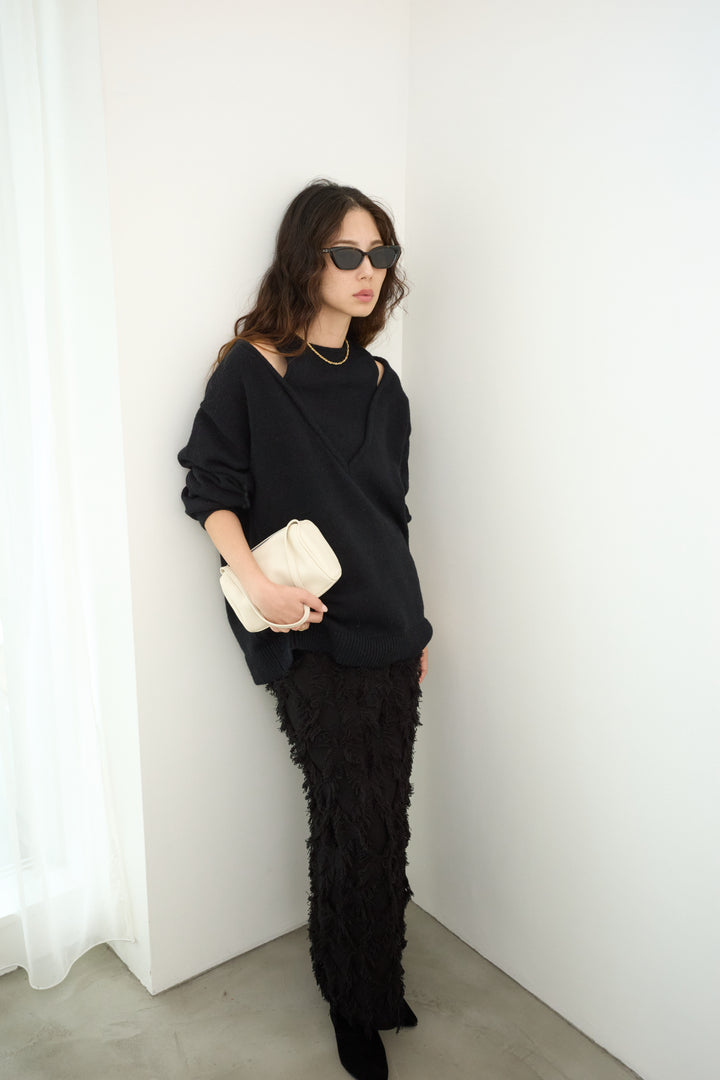 [予約/SET]肩スリットニット+カットフリンジニットタイトスカート(2set)