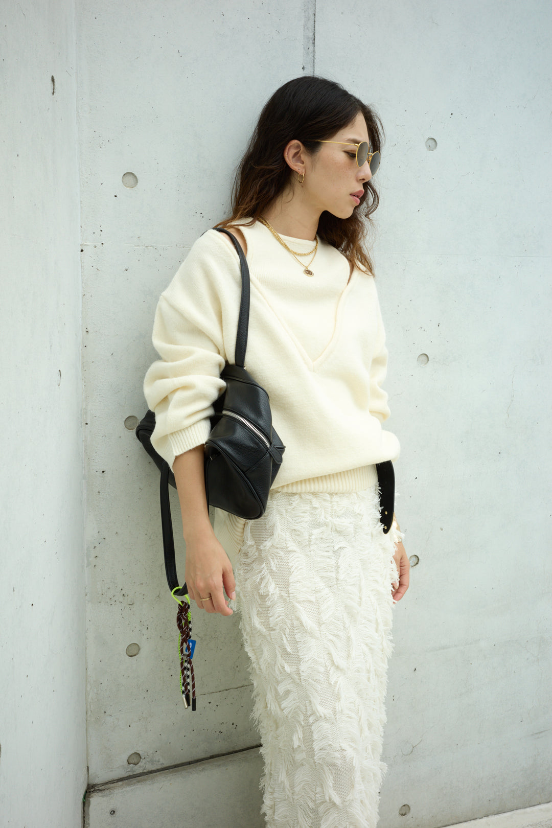 [予約/SET]肩スリットニット+カットフリンジニットタイトスカート(2set)