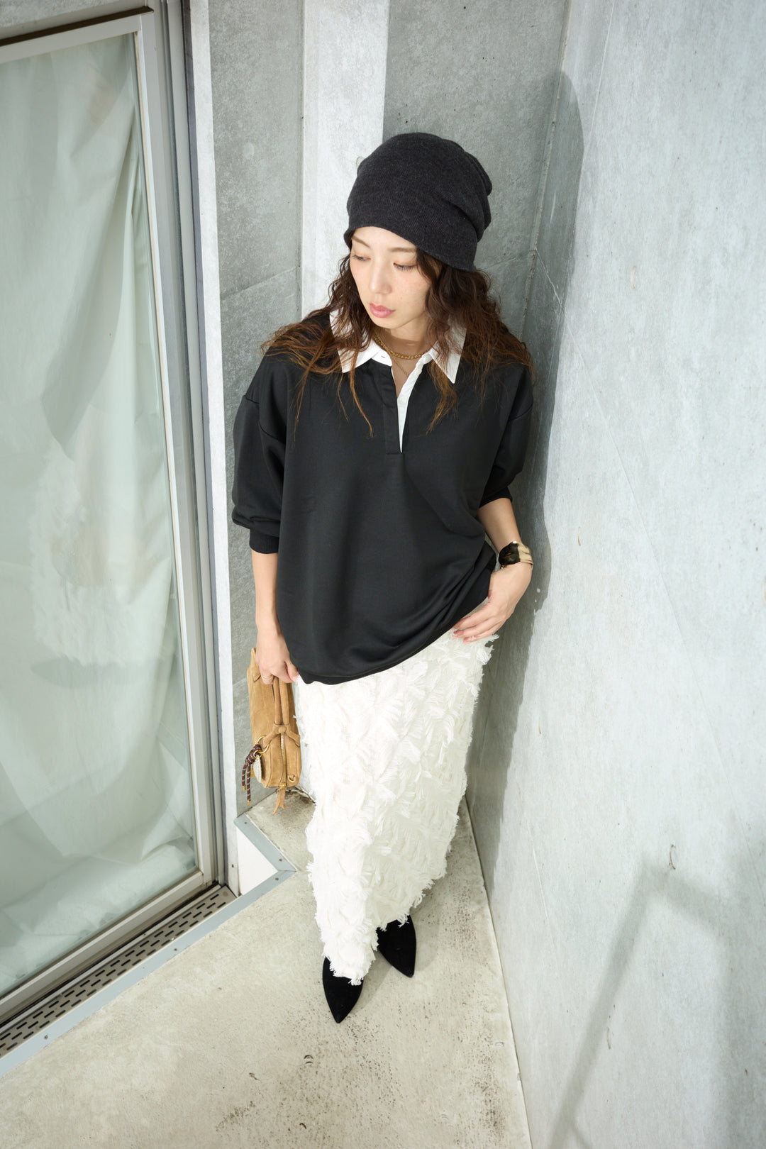 [予約/SET]プレッピースウェットPO+カットフリンジニットタイトスカート(2set)