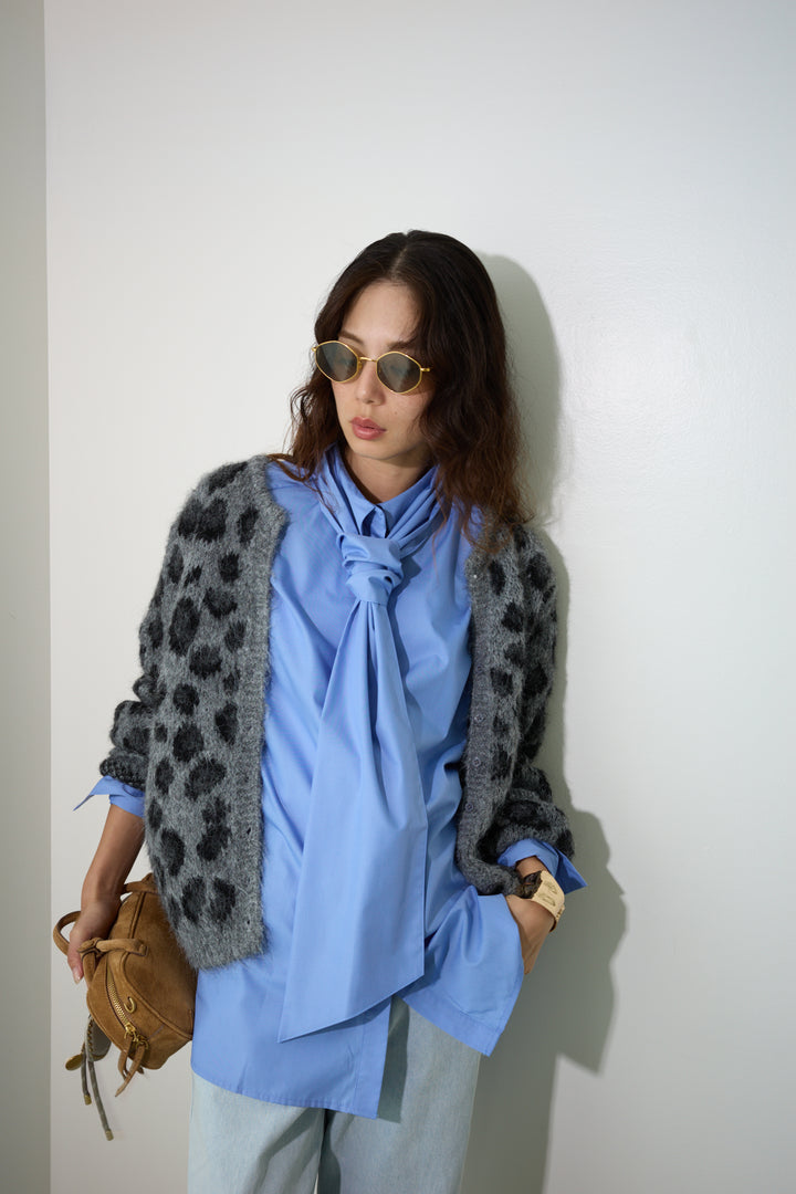 [予約/SET]レオパードニットカーディガン+ボウタイボリュームスリーブシャツ+レイヤードレッグカバーデニム(3set)