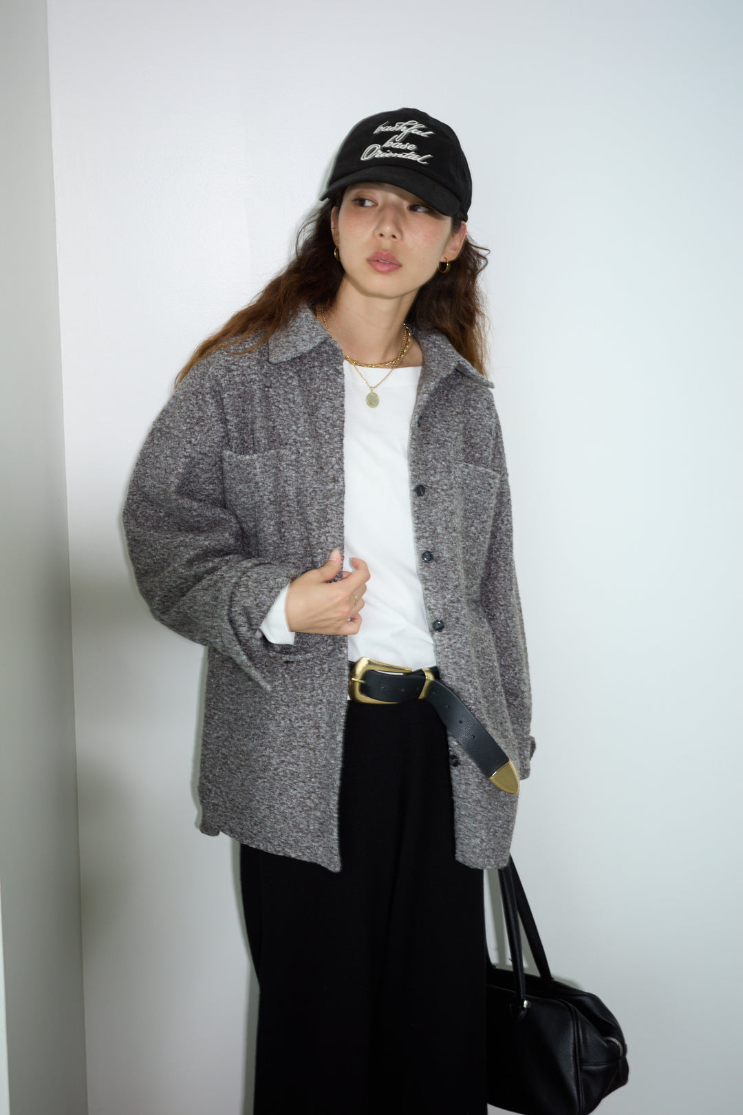 [予約/SET]ループツイードビックカフスシャツジャケット+ゆるシルエット刺繍ロンT+リラックスニットパンツ(3set)