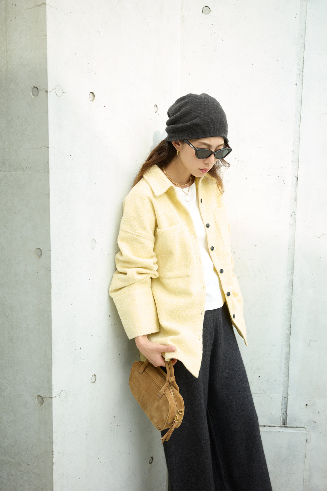 [予約/SET]ループツイードビックカフスシャツジャケット+ゆるシルエット刺繍ロンT+リラックスニットパンツ(3set)