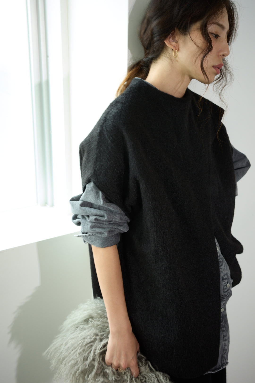 [予約/SET]ラップシャギーポンチョ+オーバーサイズデニムシャツ(2set)