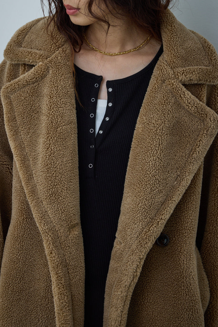 [予約/SET]テディロングコート+オーバーサイズノーカラーデニムJK+裏起毛カーブパンツ(3set)