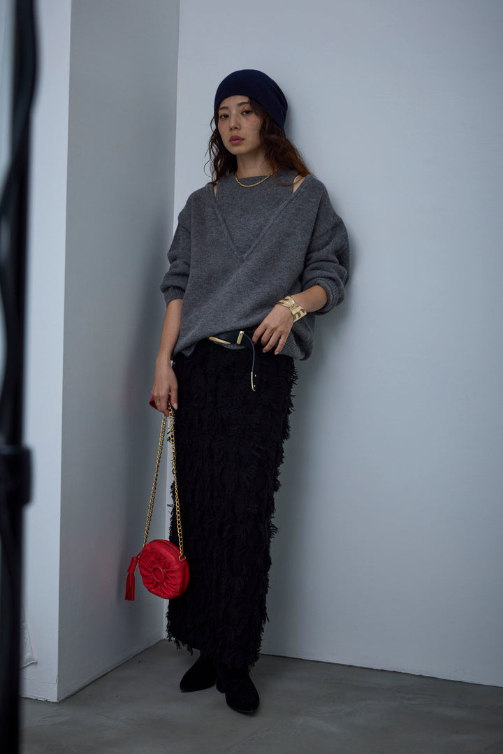 [予約/SET]肩スリットニット+カットフリンジニットタイトスカート(2set)