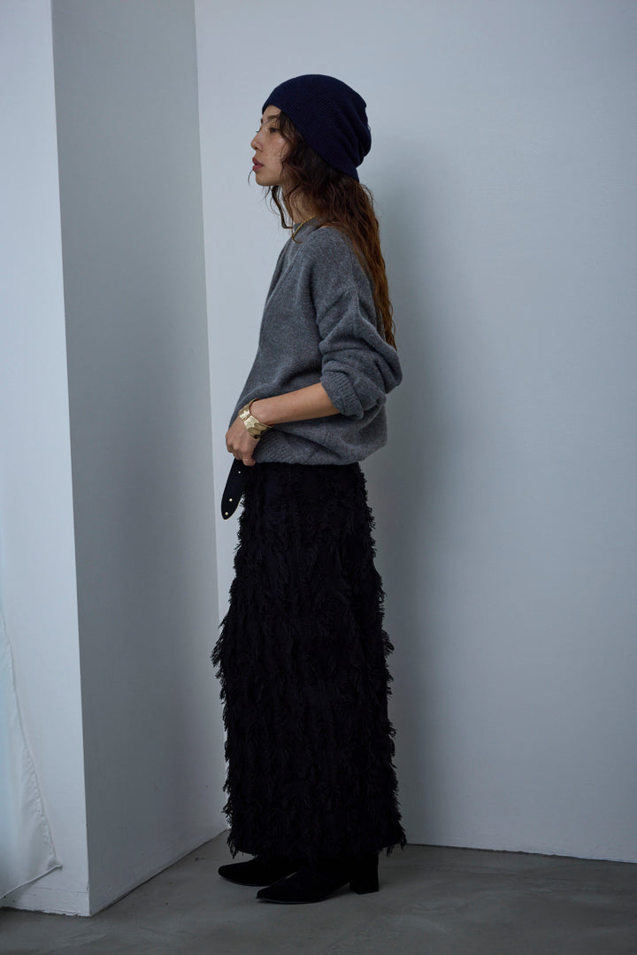 [予約/SET]肩スリットニット+カットフリンジニットタイトスカート(2set)