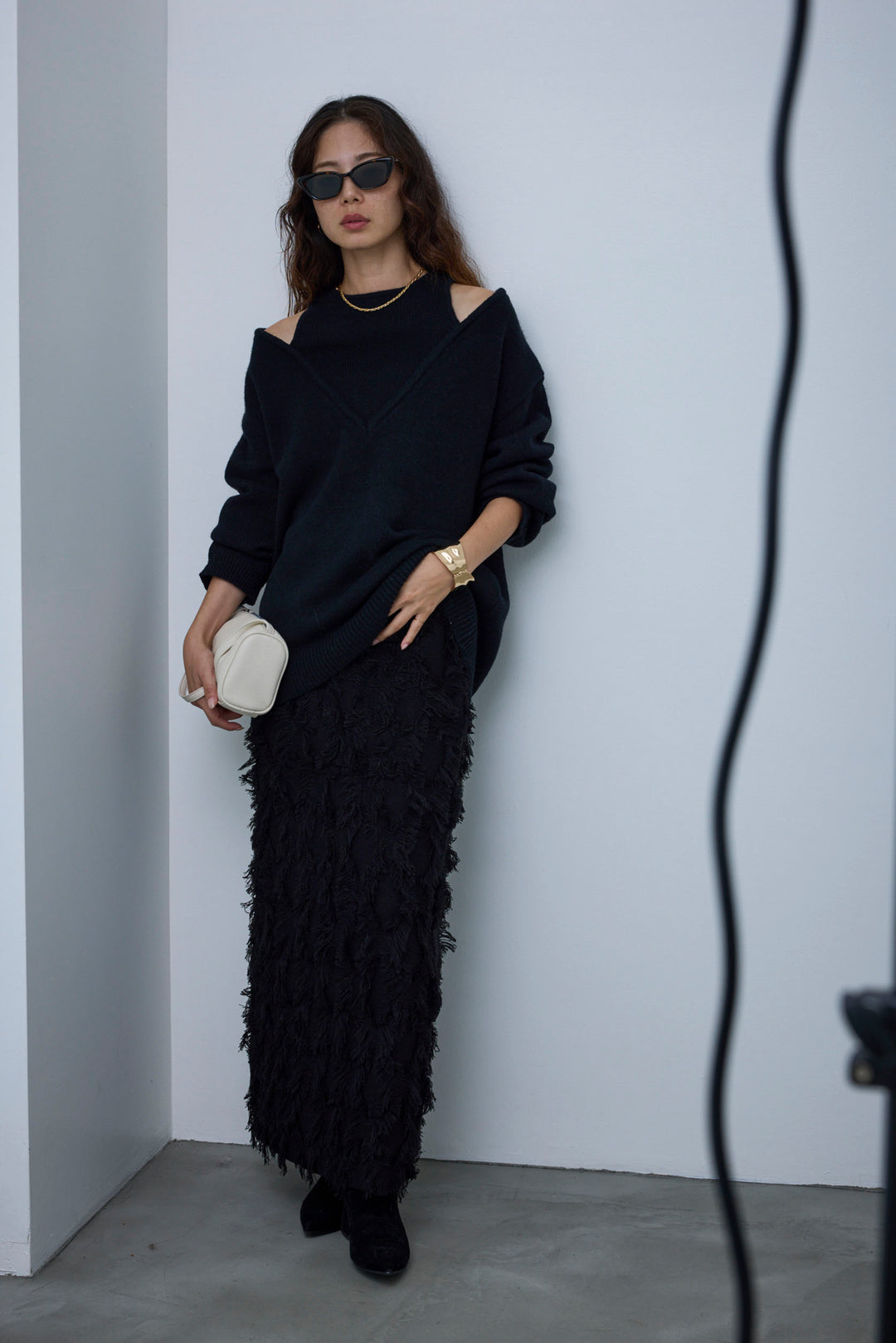 [予約/SET]肩スリットニット+カットフリンジニットタイトスカート(2set)