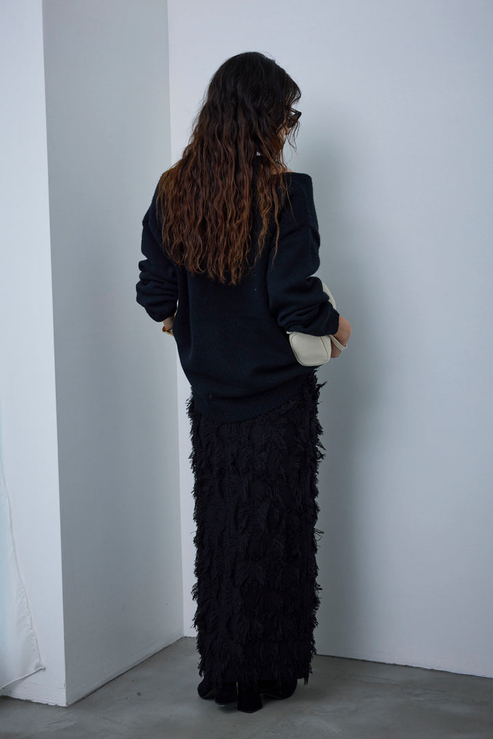 [予約/SET]肩スリットニット+カットフリンジニットタイトスカート(2set)