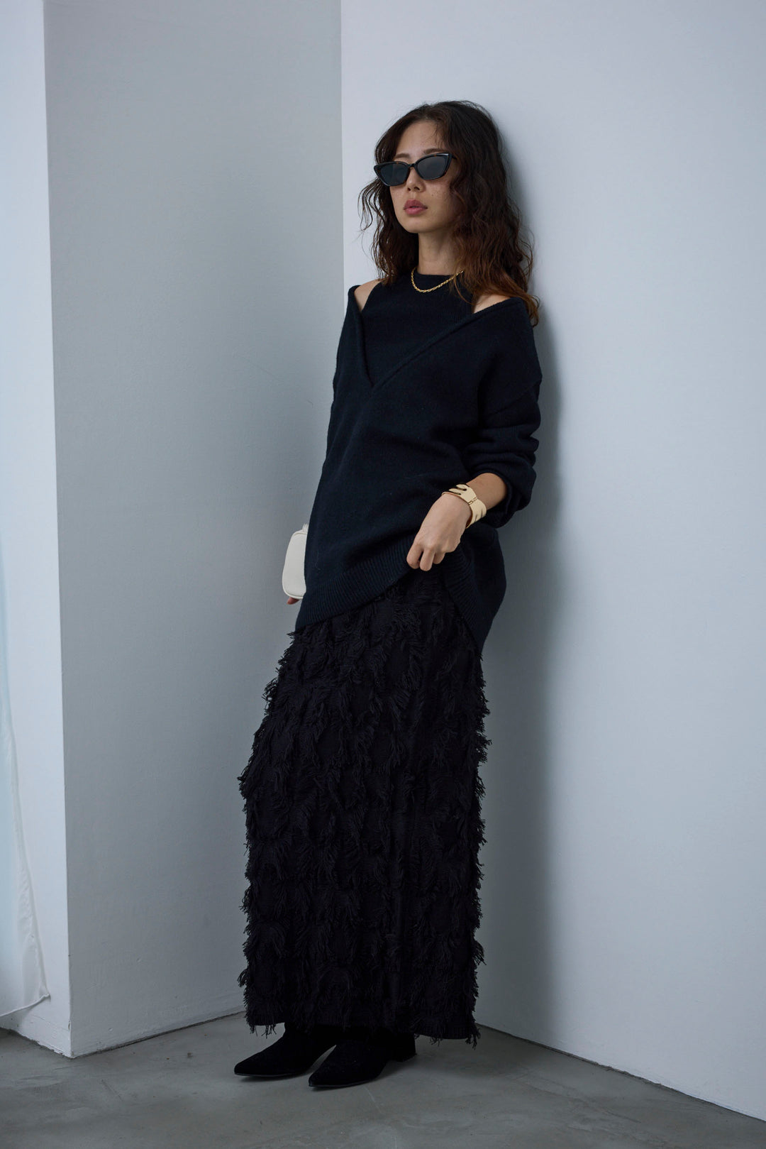 [予約/SET]肩スリットニット+カットフリンジニットタイトスカート(2set)