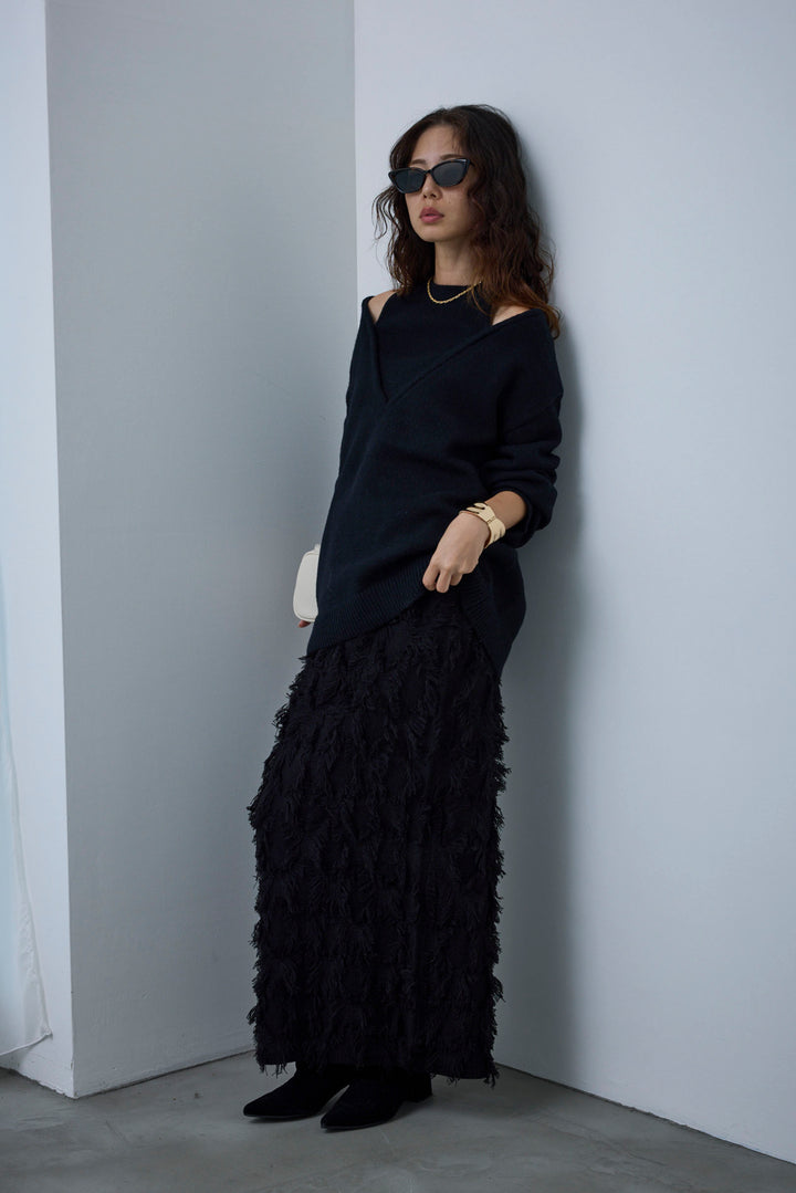 [予約/SET]肩スリットニット+カットフリンジニットタイトスカート(2set)