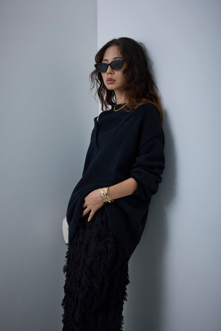 [予約/SET]肩スリットニット+カットフリンジニットタイトスカート(2set)