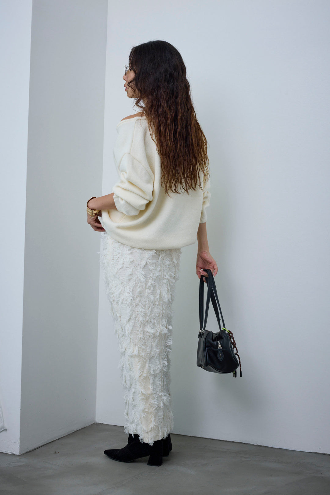 [予約/SET]肩スリットニット+カットフリンジニットタイトスカート(2set)