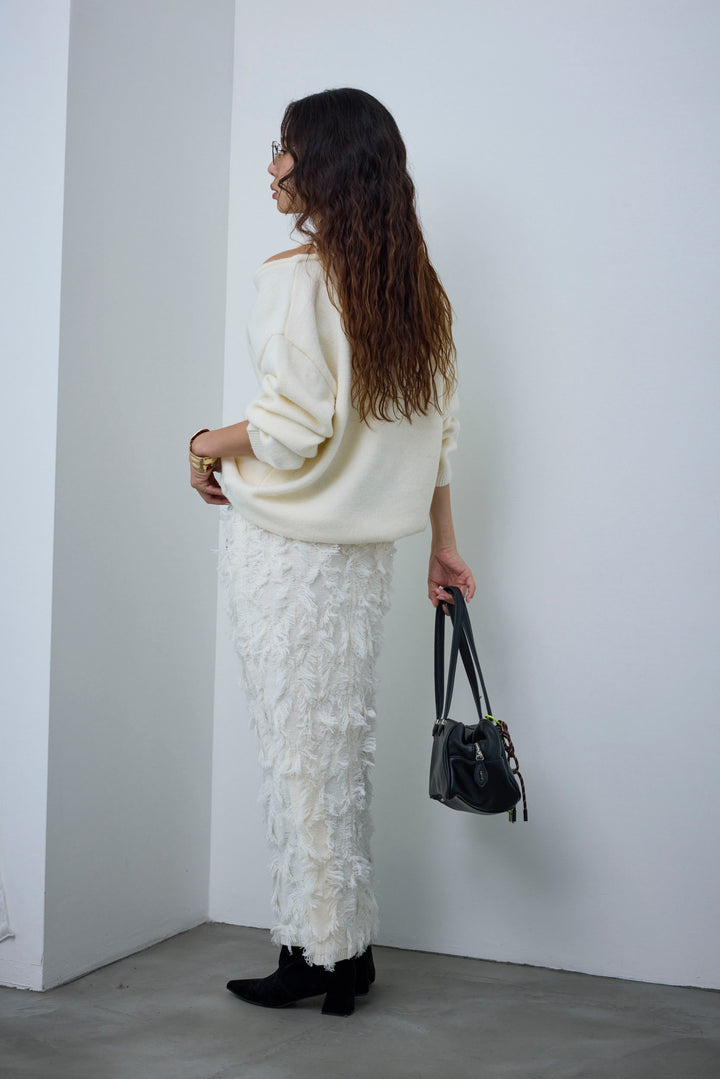 [予約/SET]肩スリットニット+カットフリンジニットタイトスカート(2set)